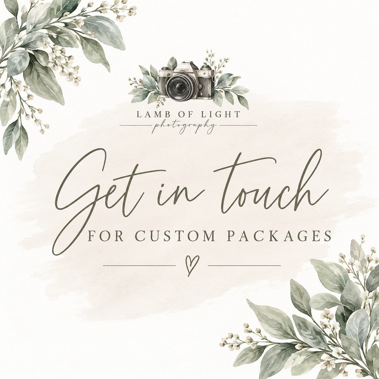 Lamb of Light Photography promotional graphic with greenery, camera logo, and custom packages invitation text.