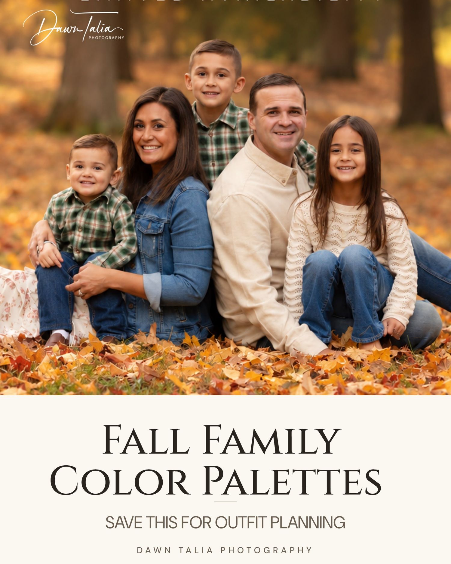 Family of five posing together in fall leaves for a seasonal family portrait, wearing coordinated autumn outfits.
