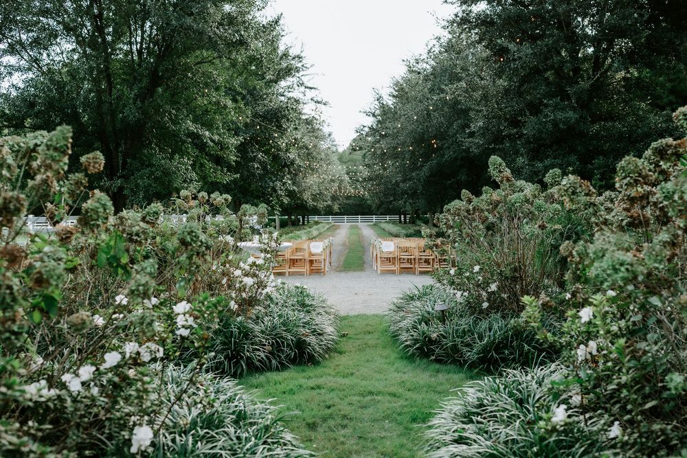Elegant outdoor wedding ceremony setup with wooden chairs lining a garden path surrounded by lush greenery and white blooms.