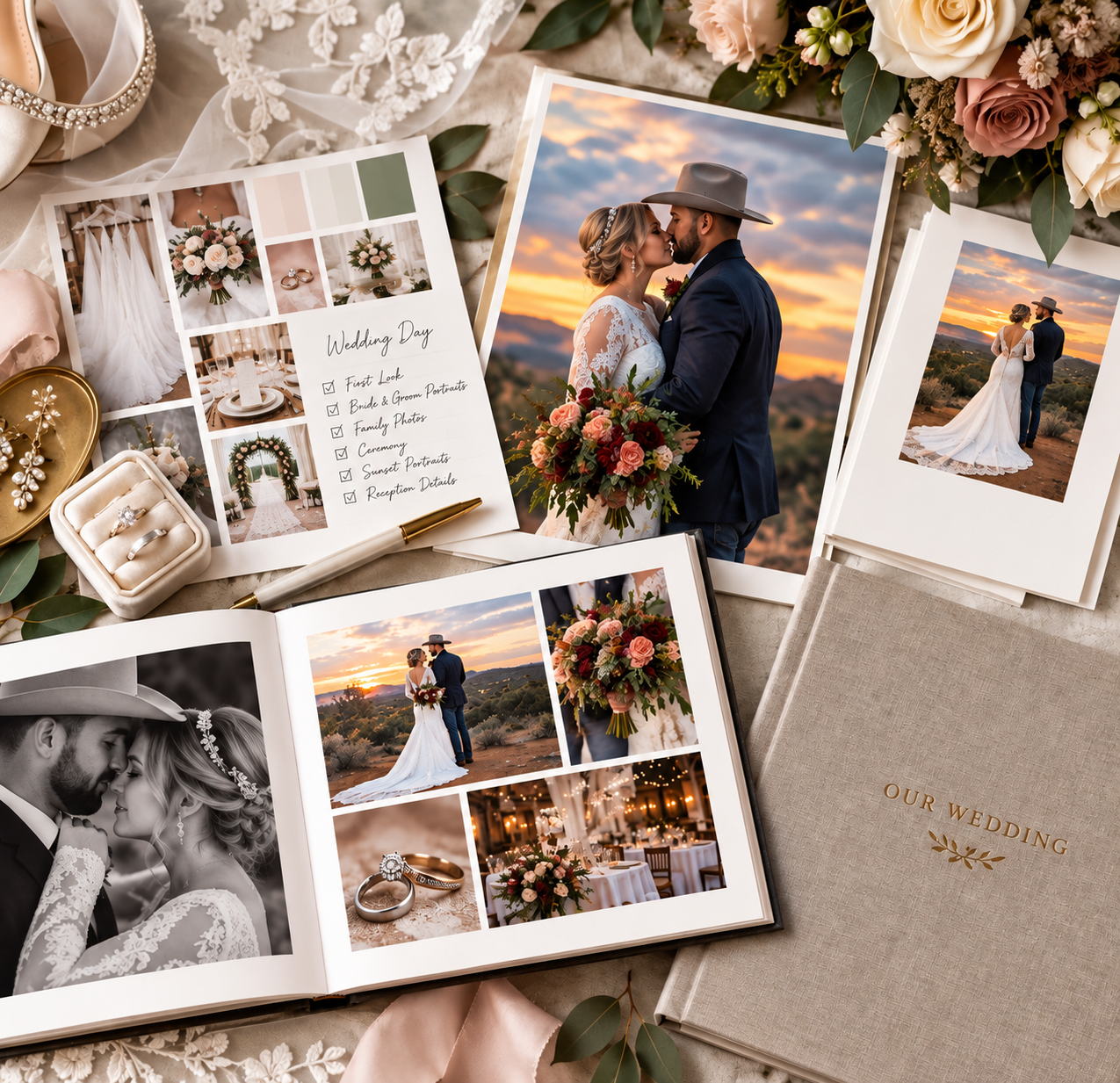 Elegant wedding photo album and scrapbook layout with romantic couple portraits, floral arrangements, and decorative stationery.