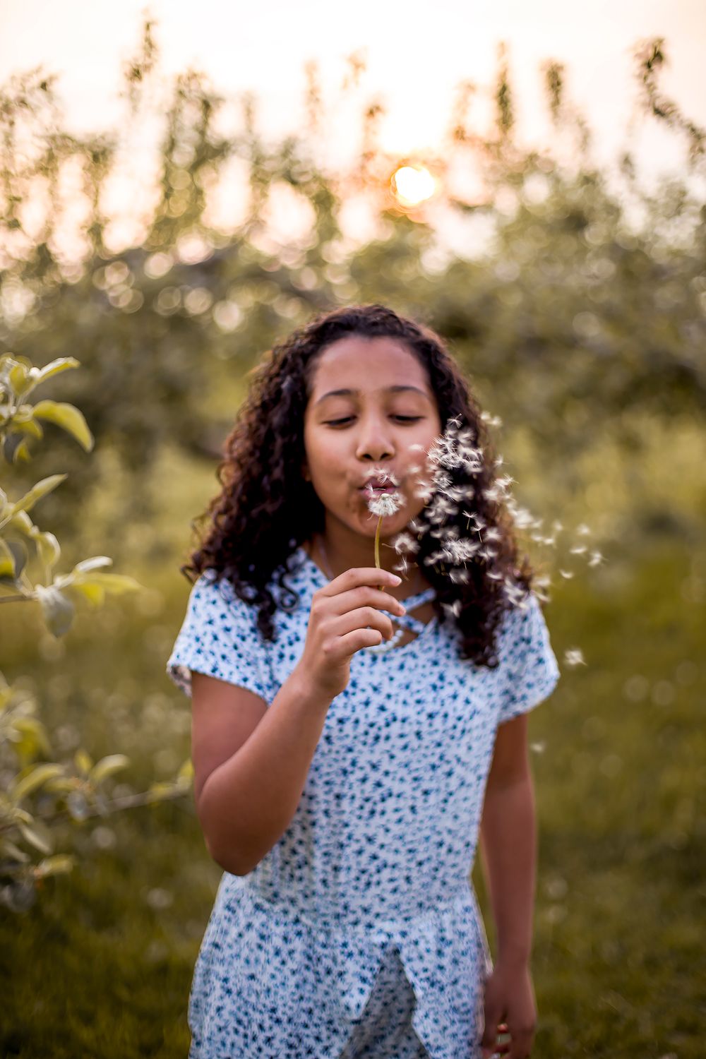 Someone in a floral print dress blows on a dandelion at sunset in a meadow with soft golden light.