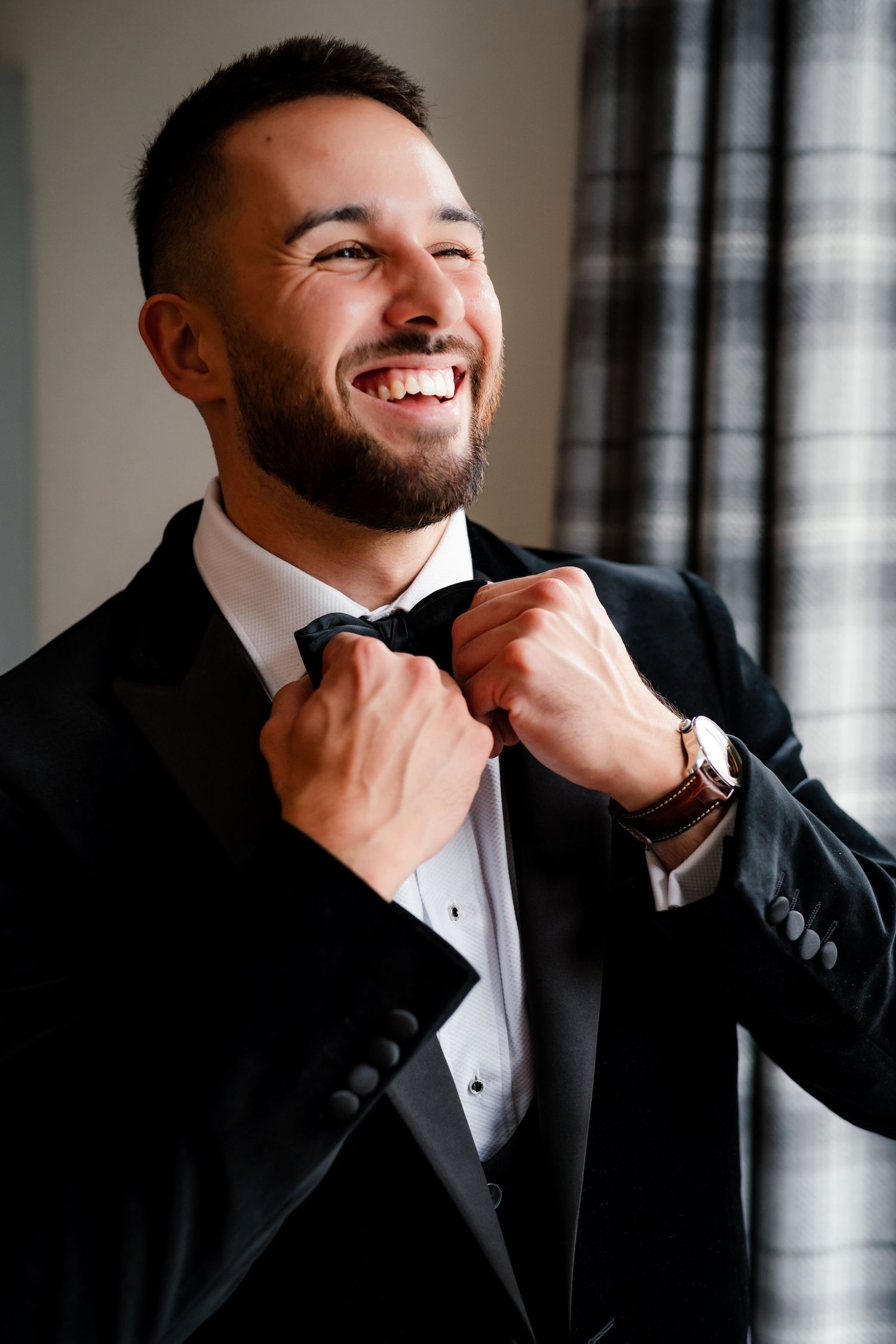 Groom getting ready for his wedding at Curradine Barns in Worcestershire
