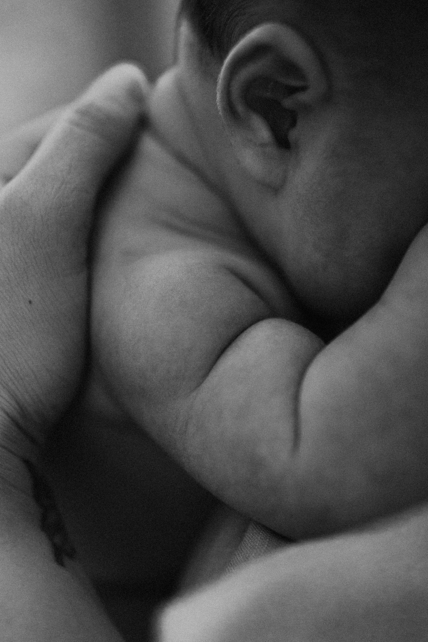 Black and white close-up photo of a sleeping newborn baby cradled in an adults gentle hands.