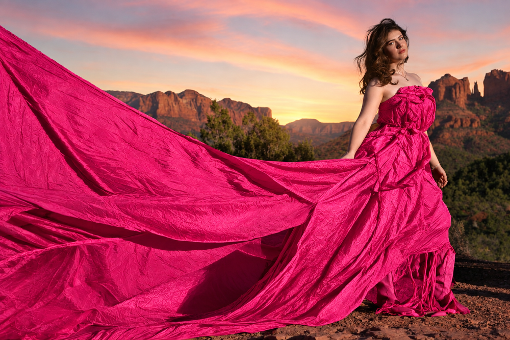 Woman in flowing magenta gown poses dramatically against Sedona red rock landscape at sunset.