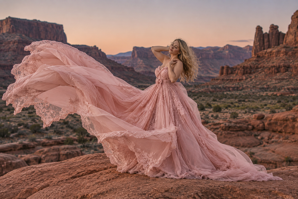 Woman in flowing pink gown poses dramatically against red rock canyon landscape at sunset.