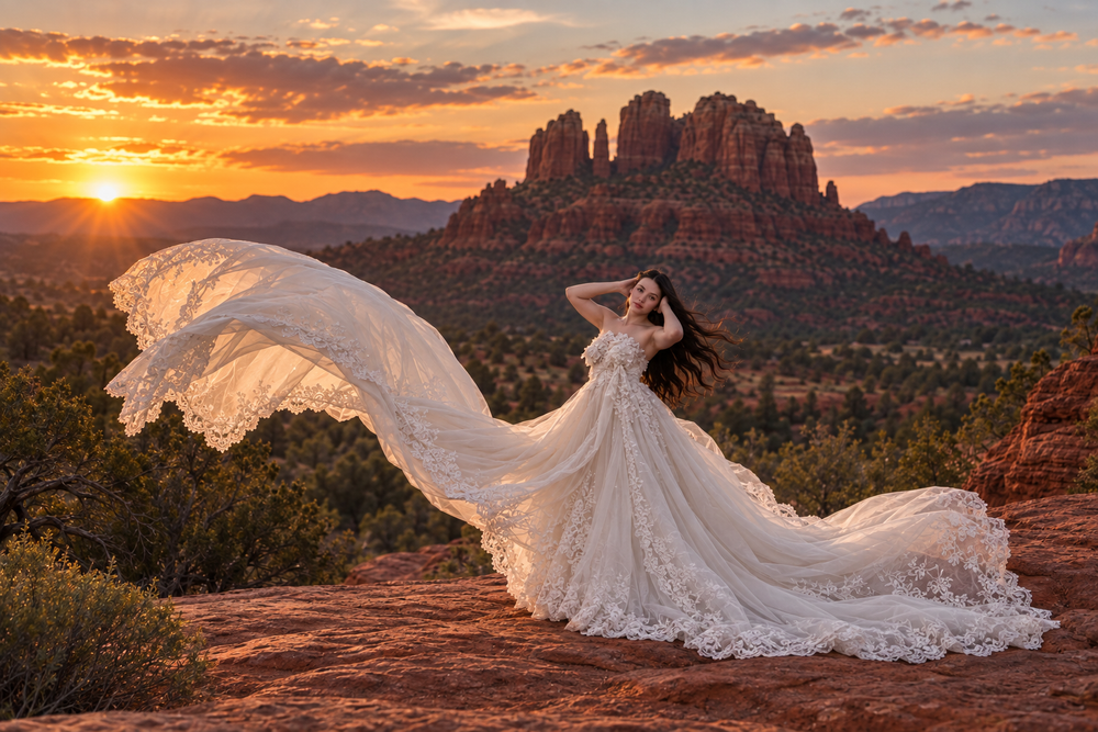 Bride in flowing white lace gown poses on red rocks at sunset with Cathedral Rock in Sedona, Arizona.