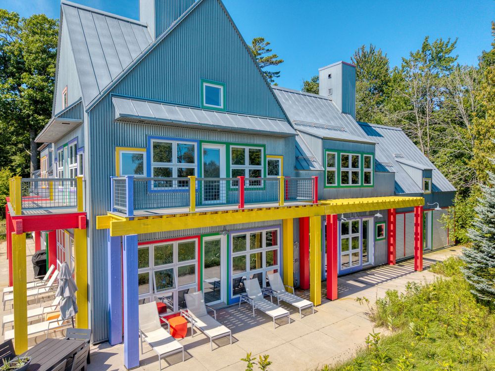 Margaret McCurry's corrugated metal exterior with red, yellow and blue columns at the Crayola House