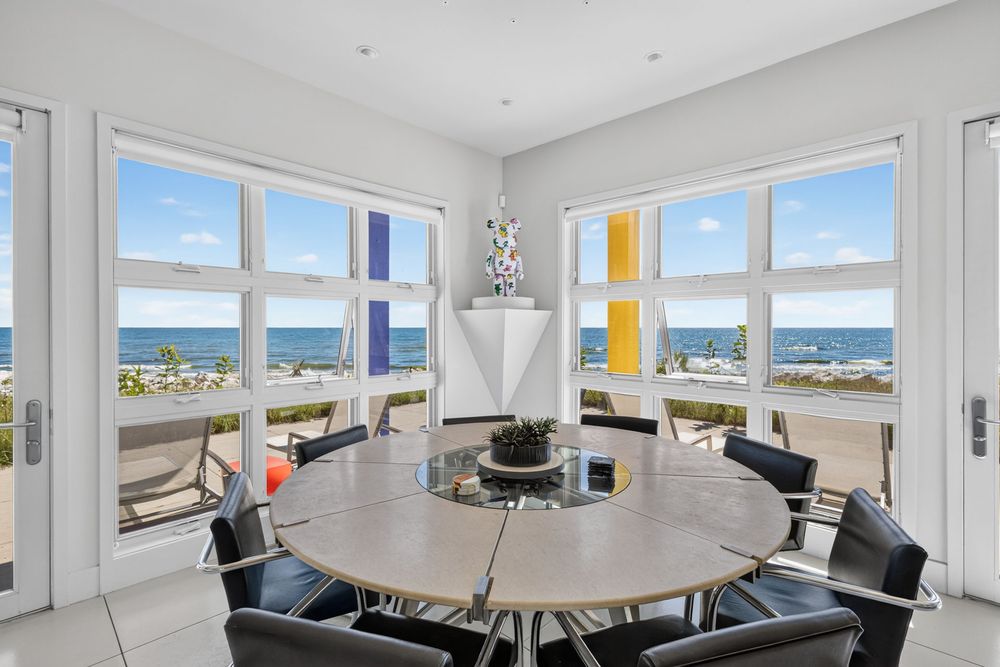 Crayola House dining room with Lake Michigan views through colored window frames