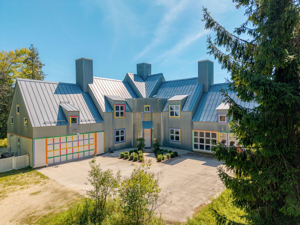 Aerial view of the Crayola House entry court and gabled metal roofline