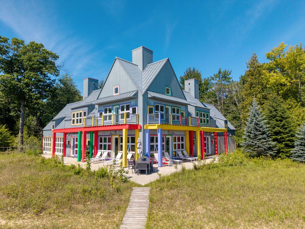 Crayola House in Oostburg, Wisconsin, front exterior with red, yellow, green and blue trim