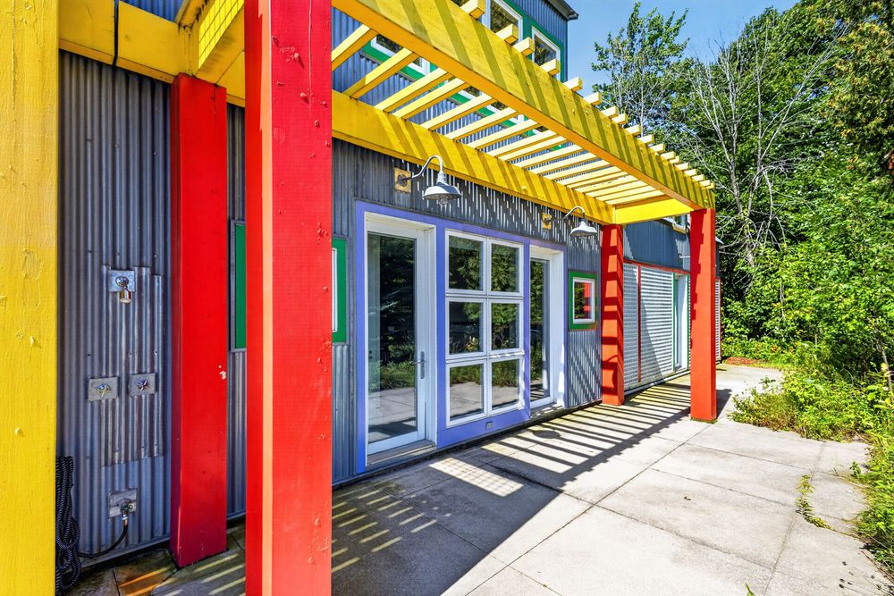 Yellow and red pergola at the Crayola House entrance, Oostburg, Wisconsin