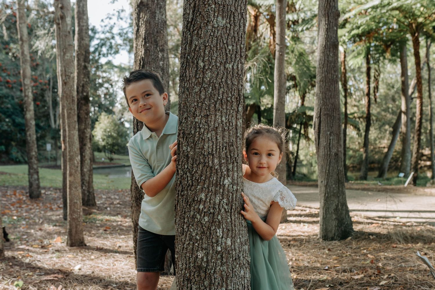 Two children peeking playfully around a tree trunk in a lush green park setting.