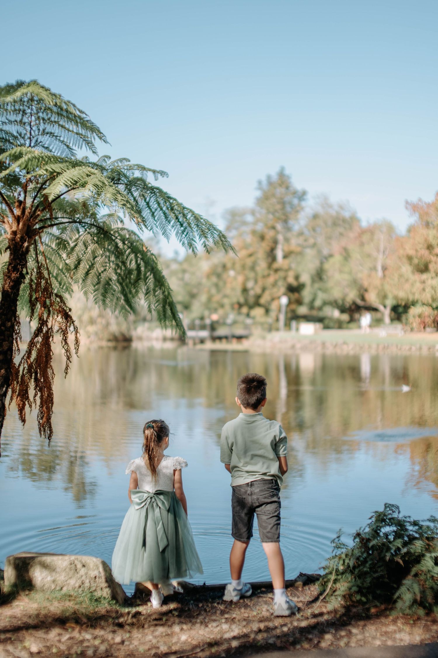 Two children stand at the edge of a tranquil lake in a lush park, with a tree fern overhead on a sunny day.