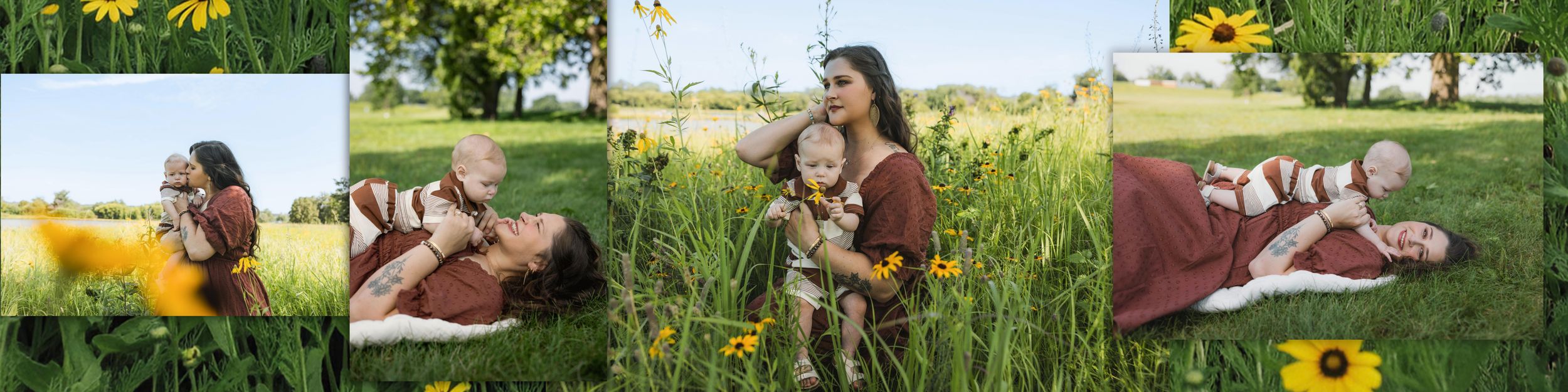 Mother and child sitting together in a sunny field of yellow sunflowers and green grass outdoors.