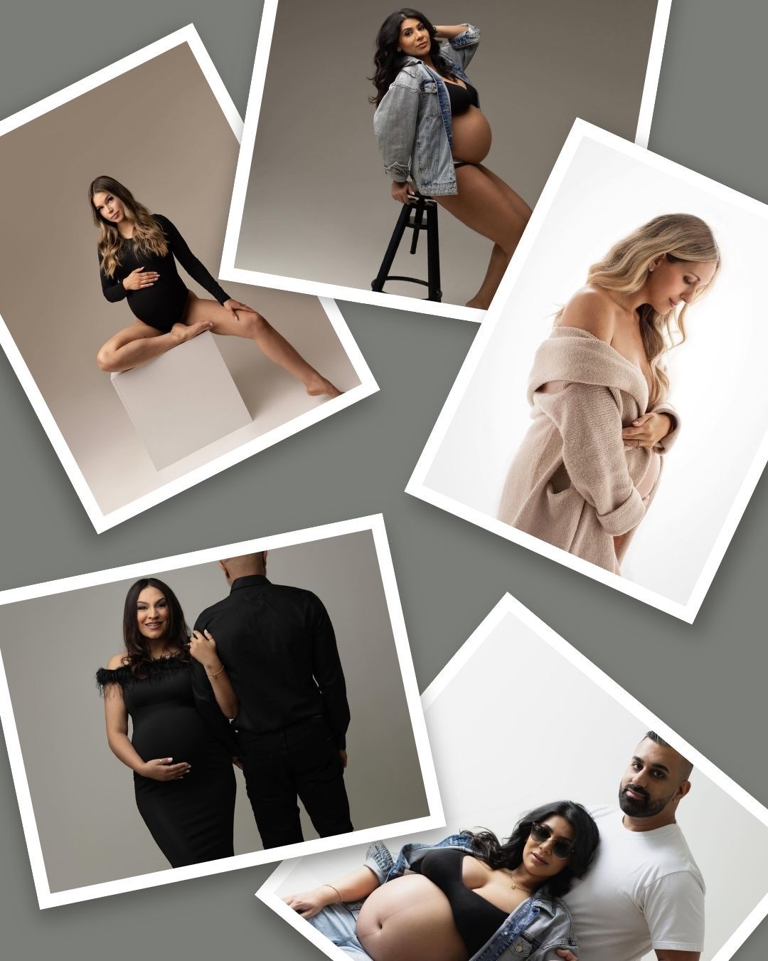 A collage of five maternity photoshoot polaroids featuring pregnant women in elegant poses with partners in a studio.