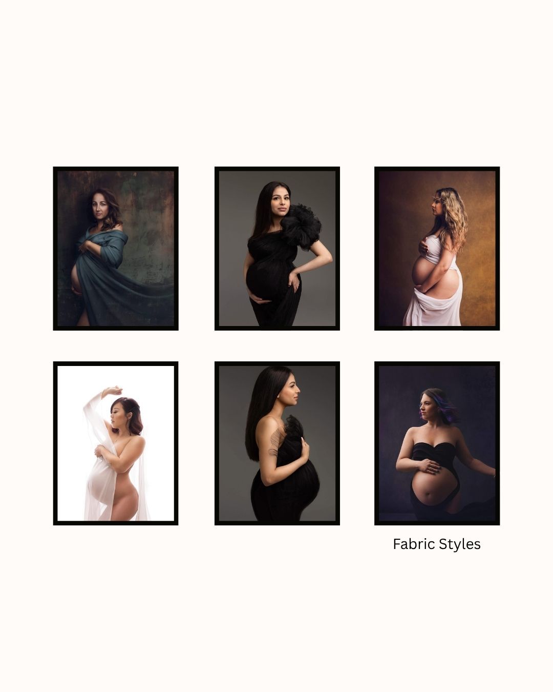 Six maternity photography poses showcasing elegant fabric styles, featuring pregnant women in artistic studio portraits.