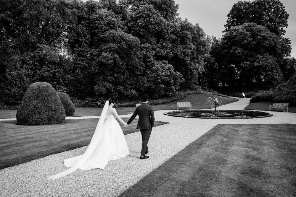 black and white wedding photo at Syon park