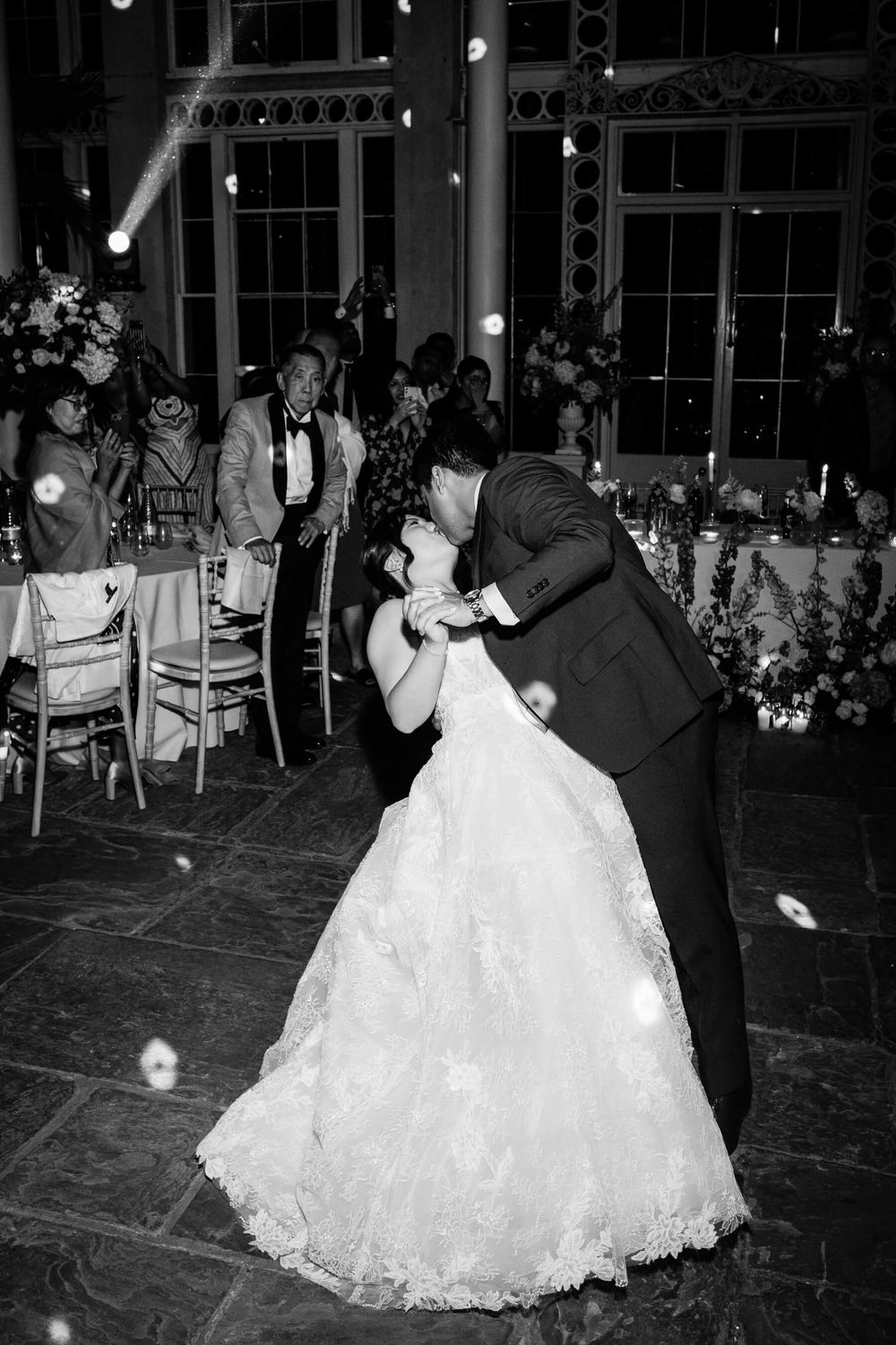 black and white dance floor photo of the bride and groom at Syon park