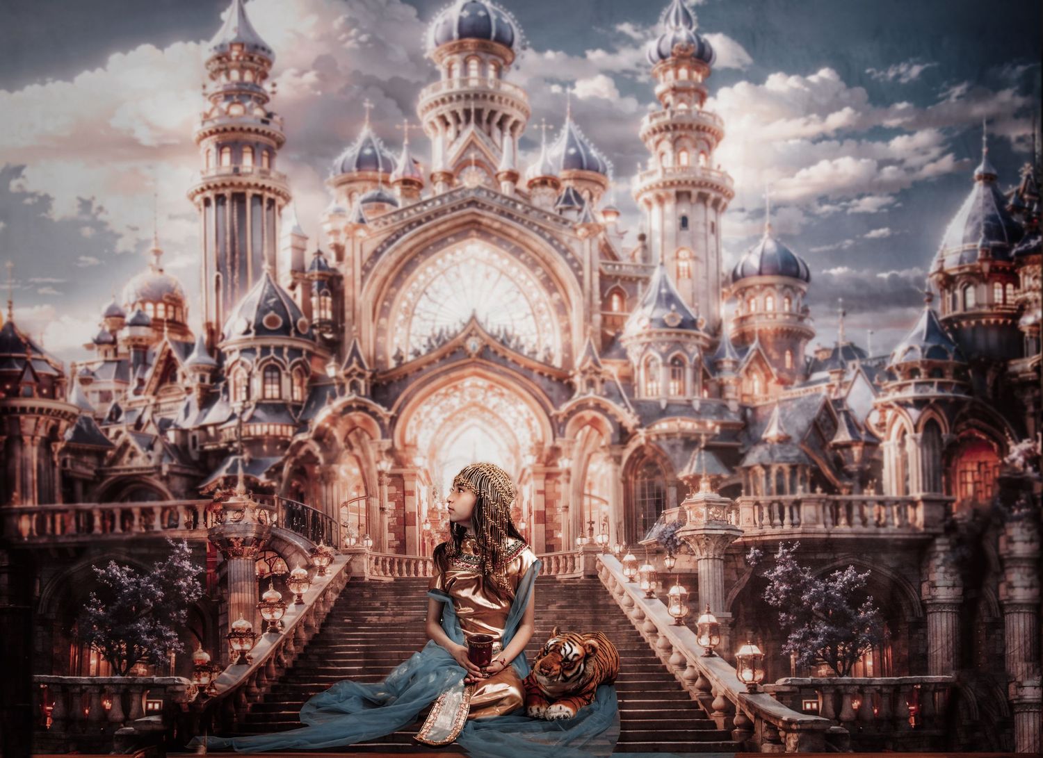 A woman in ornate costume kneels before a grand fantasy palace with towering spires under a dramatic cloudy sky.