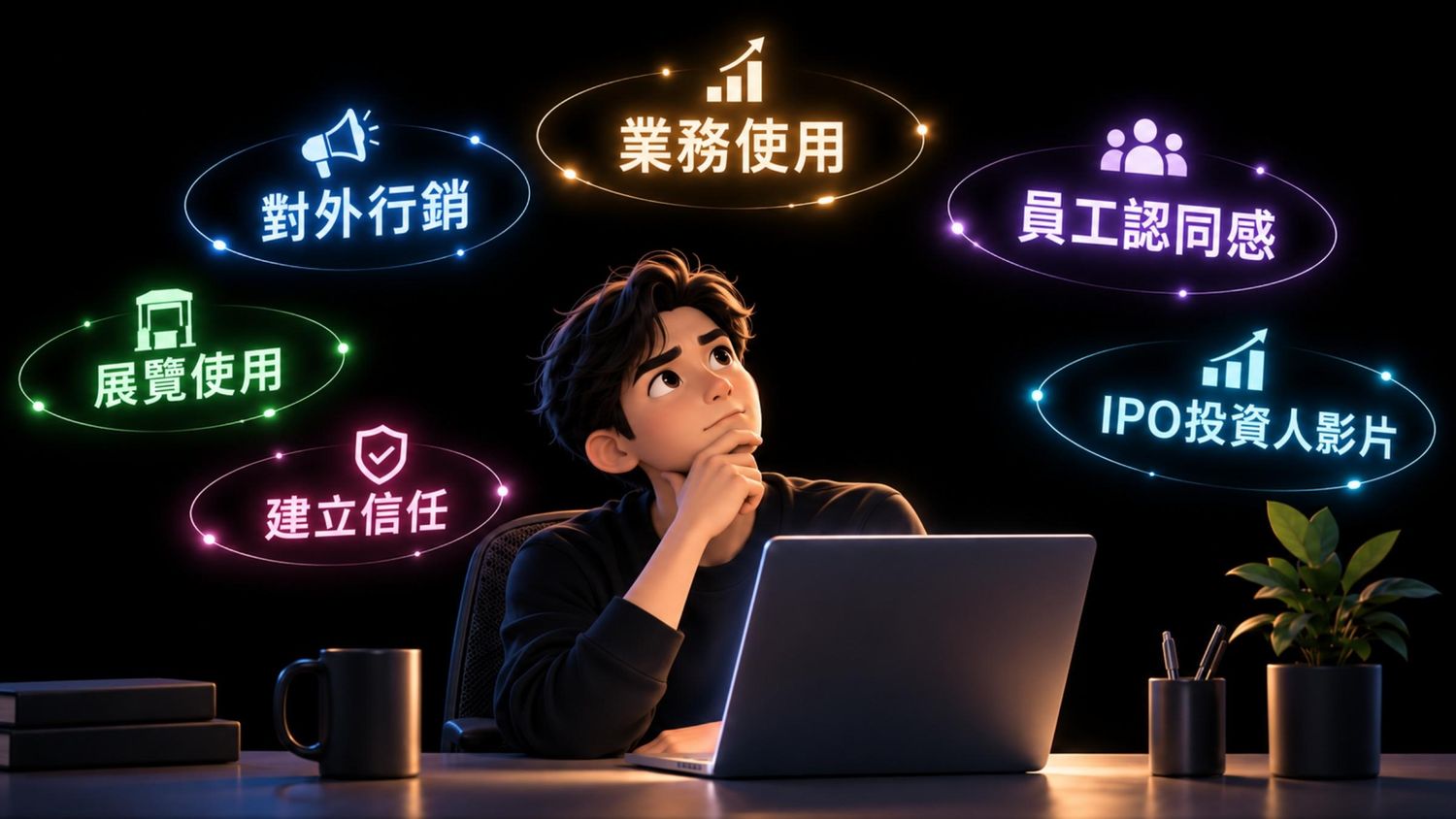 A 3D animated boy thinks at a laptop surrounded by glowing Chinese business icons including IPO, sales, and branding concepts.