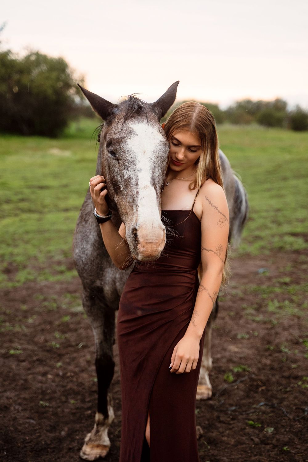 Young woman in burgundy dress embracing a gray horse in a green field at dusk.