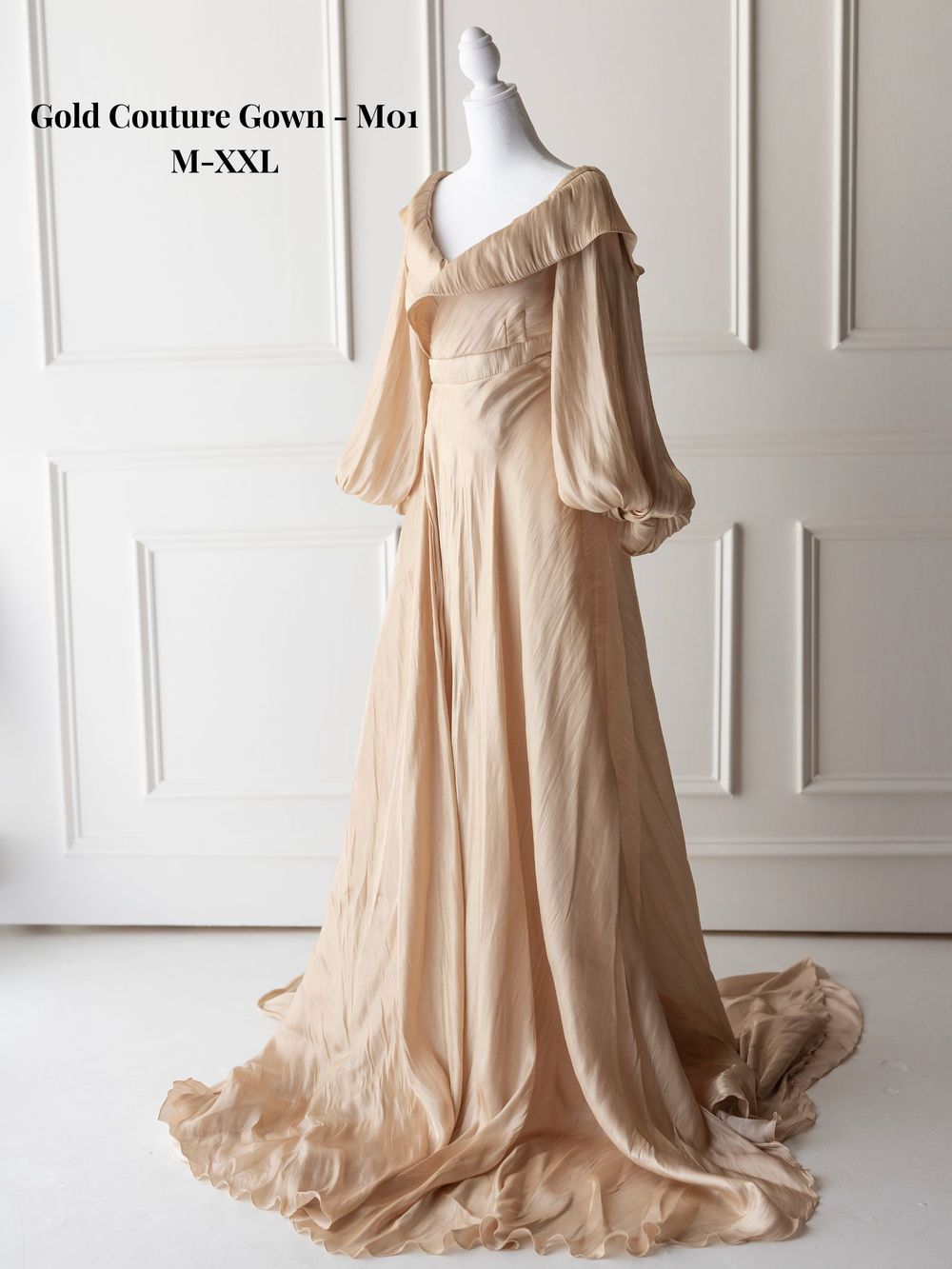 Elegant champagne-colored maternity gown with flowing fabric and empire waist design shown from multiple angles.