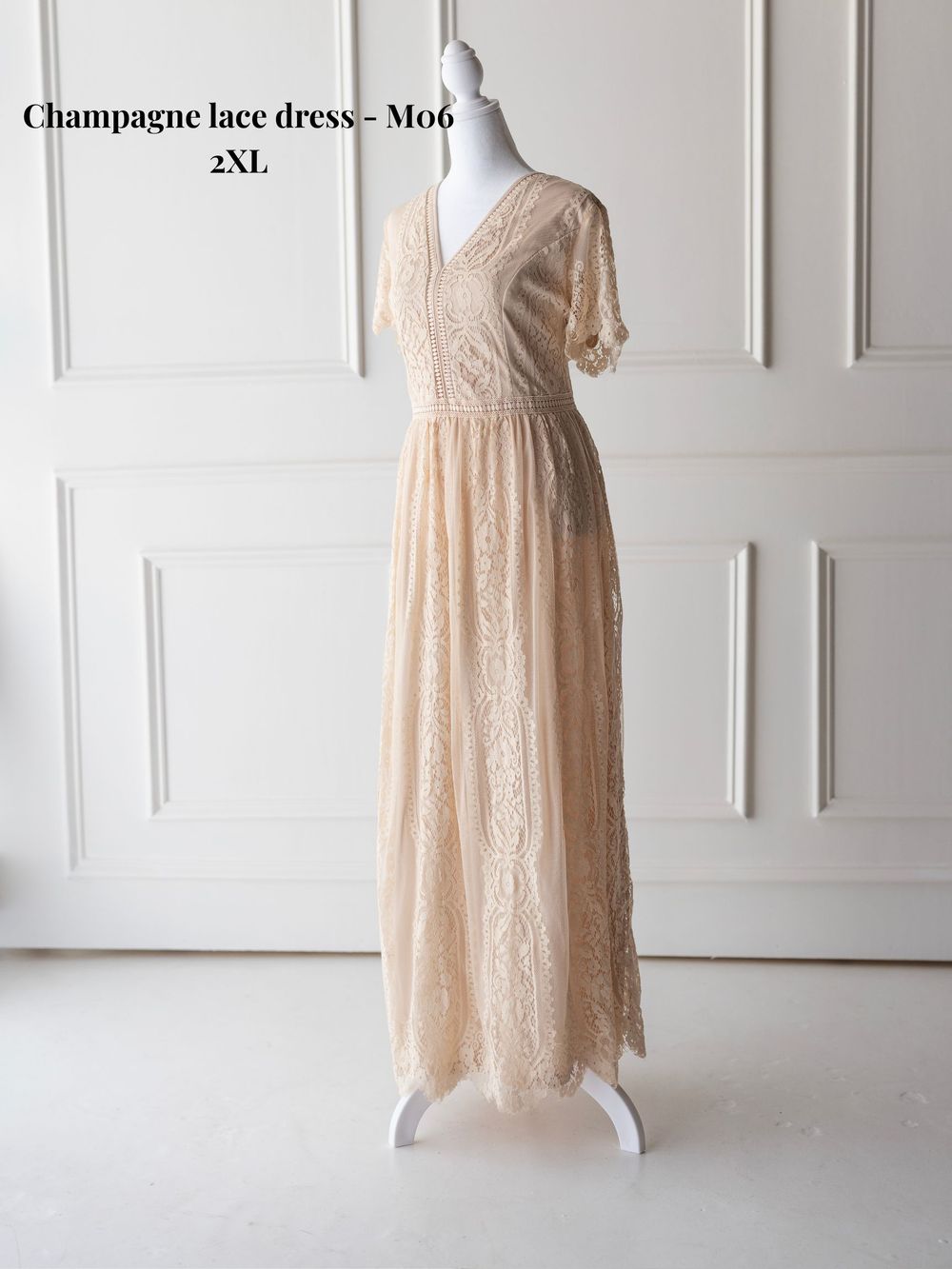 Champagne colored lace dress with short sleeves and scalloped hem shown from multiple angles on white backdrop.