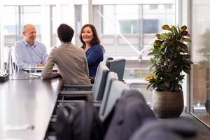 Business colleagues having a discussion at a modern conference table with a potted plant in the foreground.
