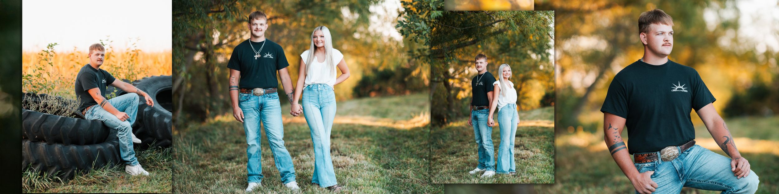 A series of outdoor family photos showing playful moments and candid interactions in a natural setting at sunset.