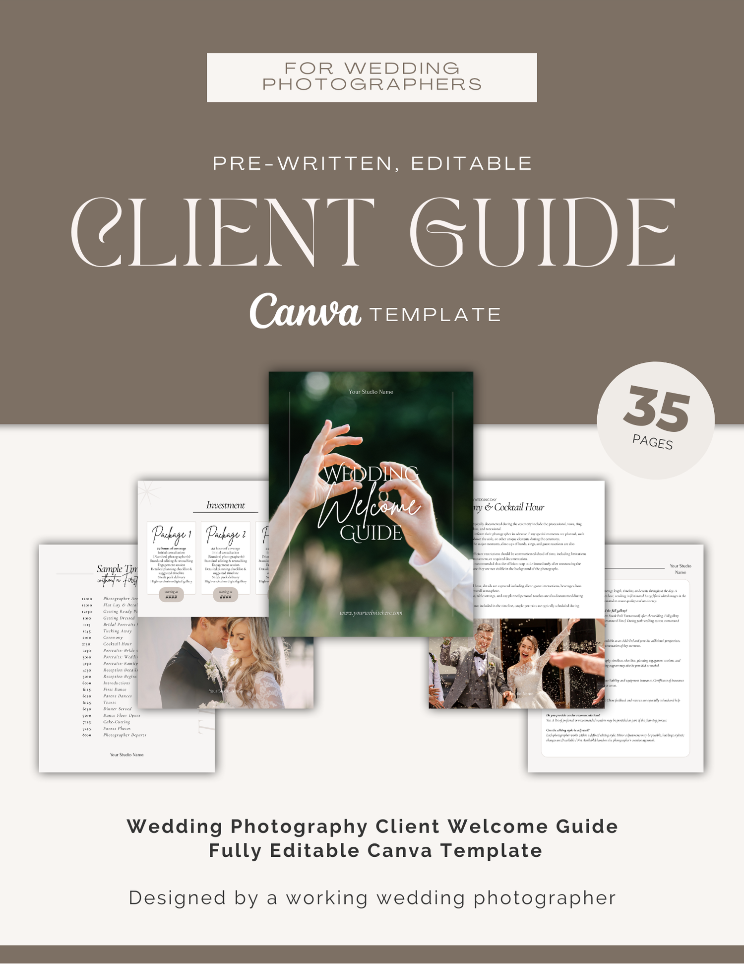 Wedding photography client guide template with multiple pages shown in a modern minimalist style.