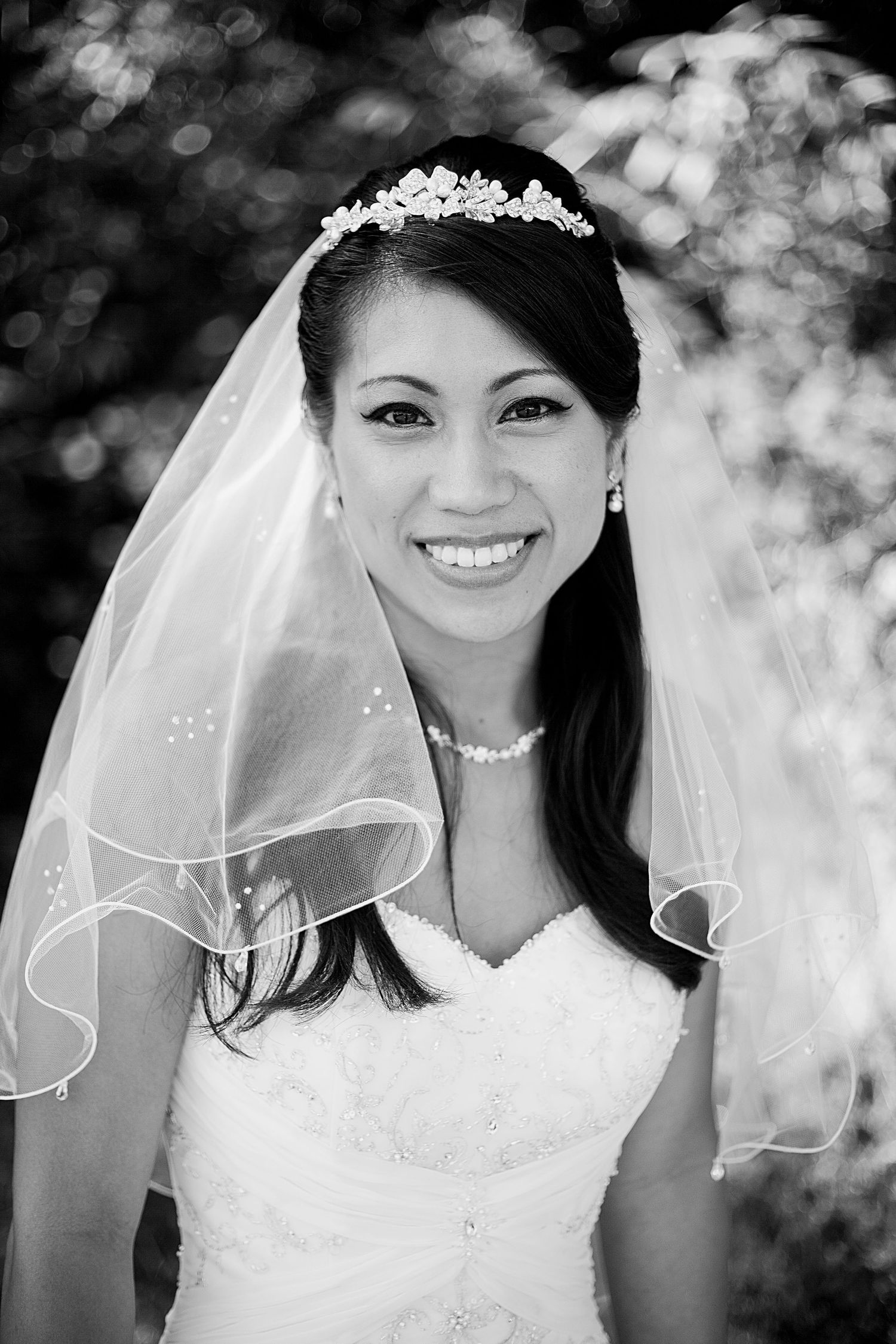 Black and white bridal portrait series showing a bride in a white dress and veil against a soft bokeh background.
