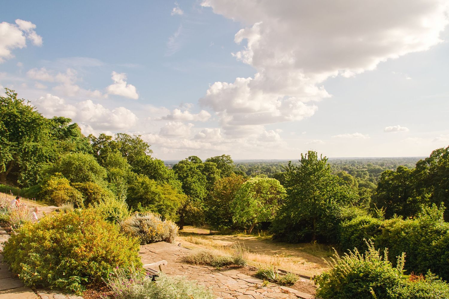 A panoramic view of a lush green landscape with rolling hills and scattered trees under a partly cloudy sky.