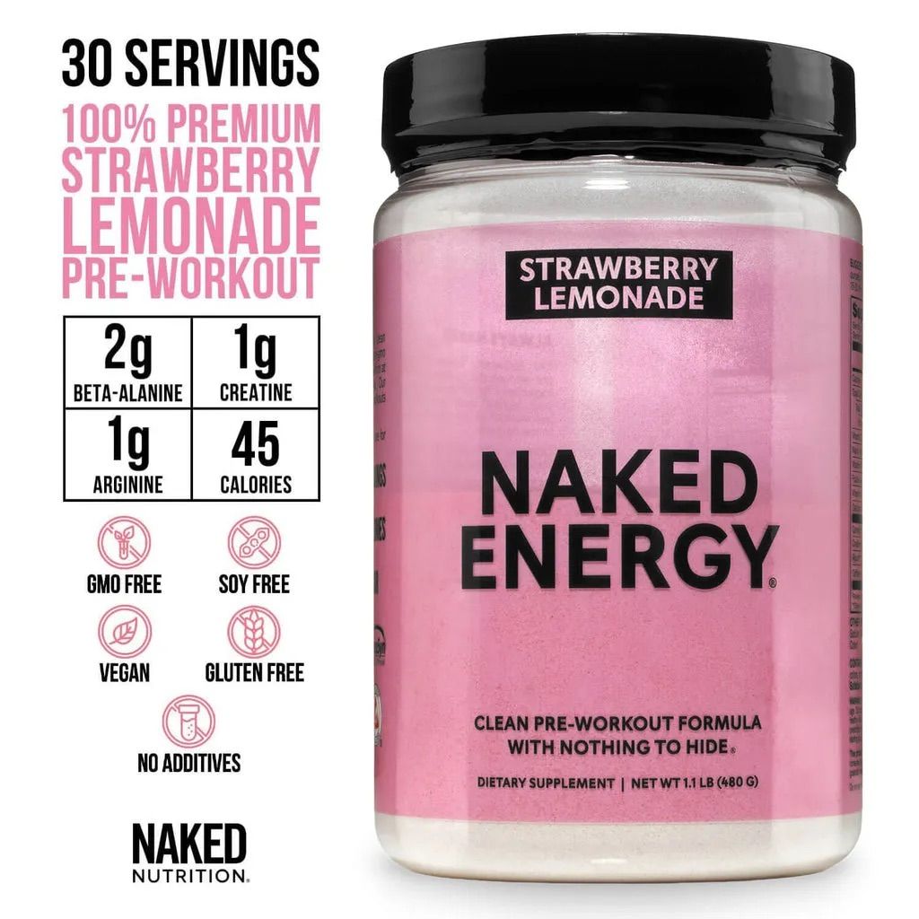 Pink pre-workout supplement containers with Naked Energy branding in strawberry lemonade flavor displayed on white background.