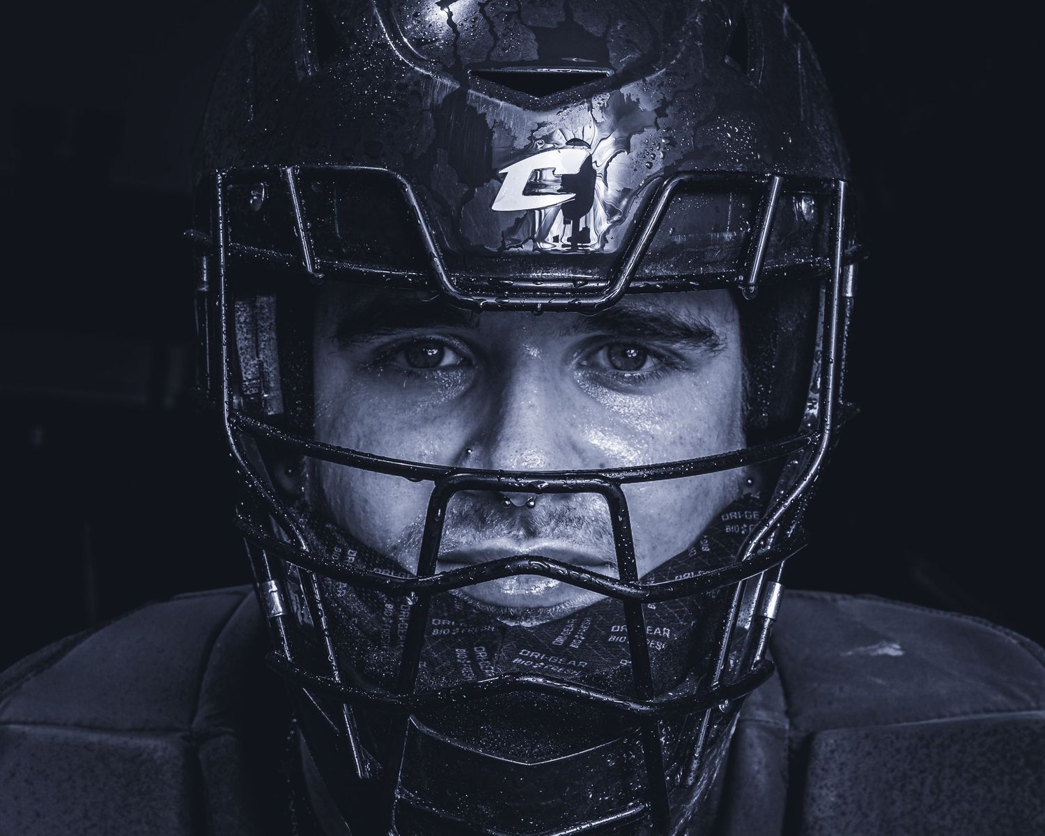 Hershey High School Trojan Baseball, catcher, dramatic media day by Deanna Fox, SportsFox Photography, Hershey PA