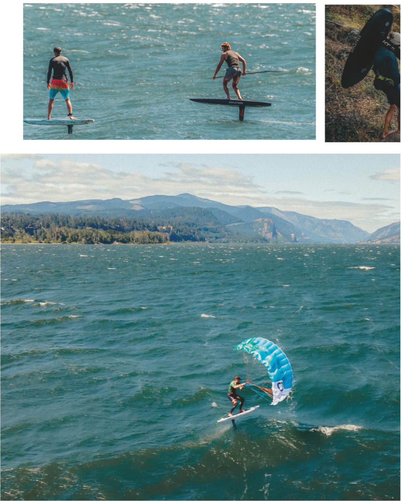 Two people hydrofoil surfing on turquoise waters with mountains and forest in the background.