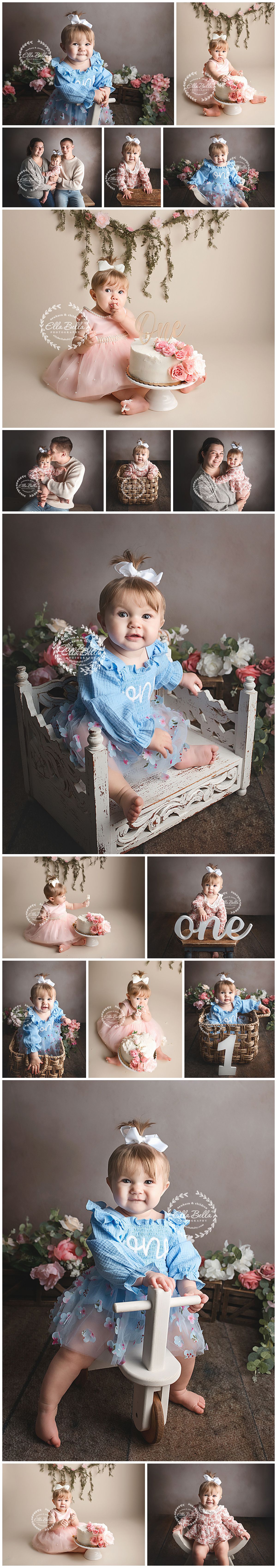 Collage of cake smash photo session featuring baby in blue and pink outfits with floral decorations and vintage props.
