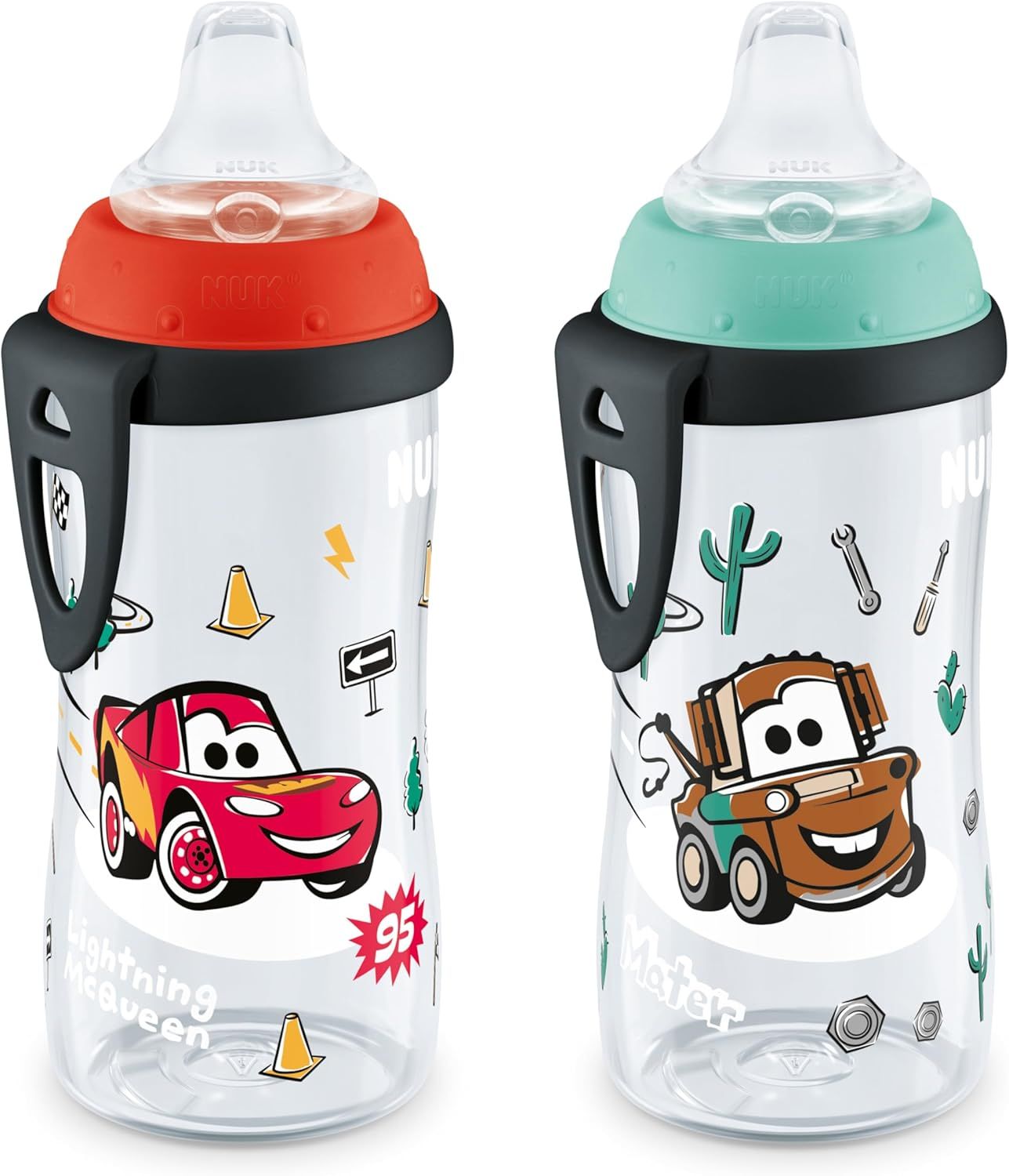 Two clear plastic baby bottles featuring Cars movie characters designs in red and mint green colors with black accents.