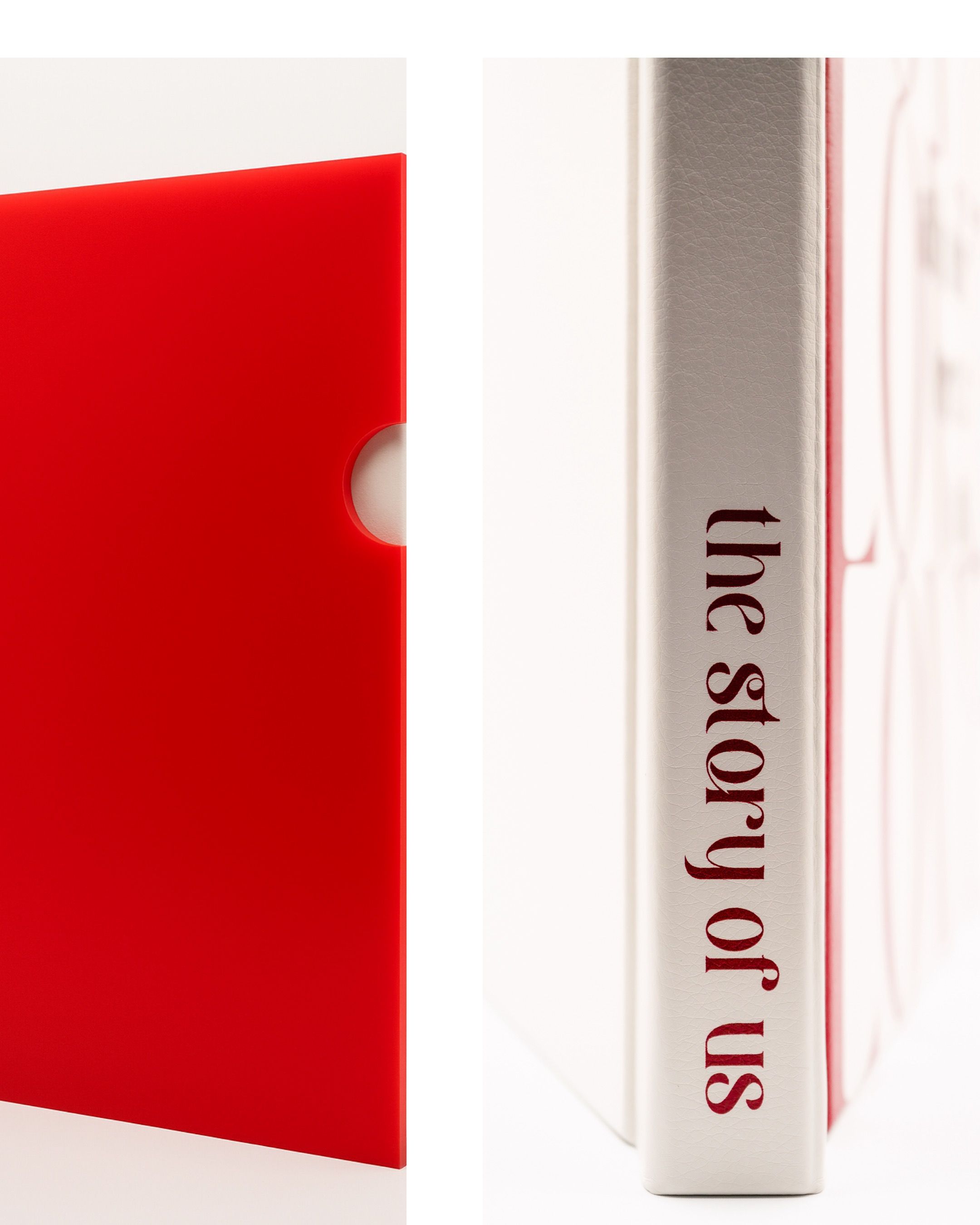 Abstract minimalist composition showing red and white geometric shapes with text fragments in a horizontal sequence.