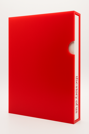 Red minimalist book slipcase design shown from three different angles against white background.