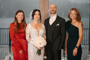 A series of formal group photos taken against a gray backdrop showing people dressed in elegant evening attire.