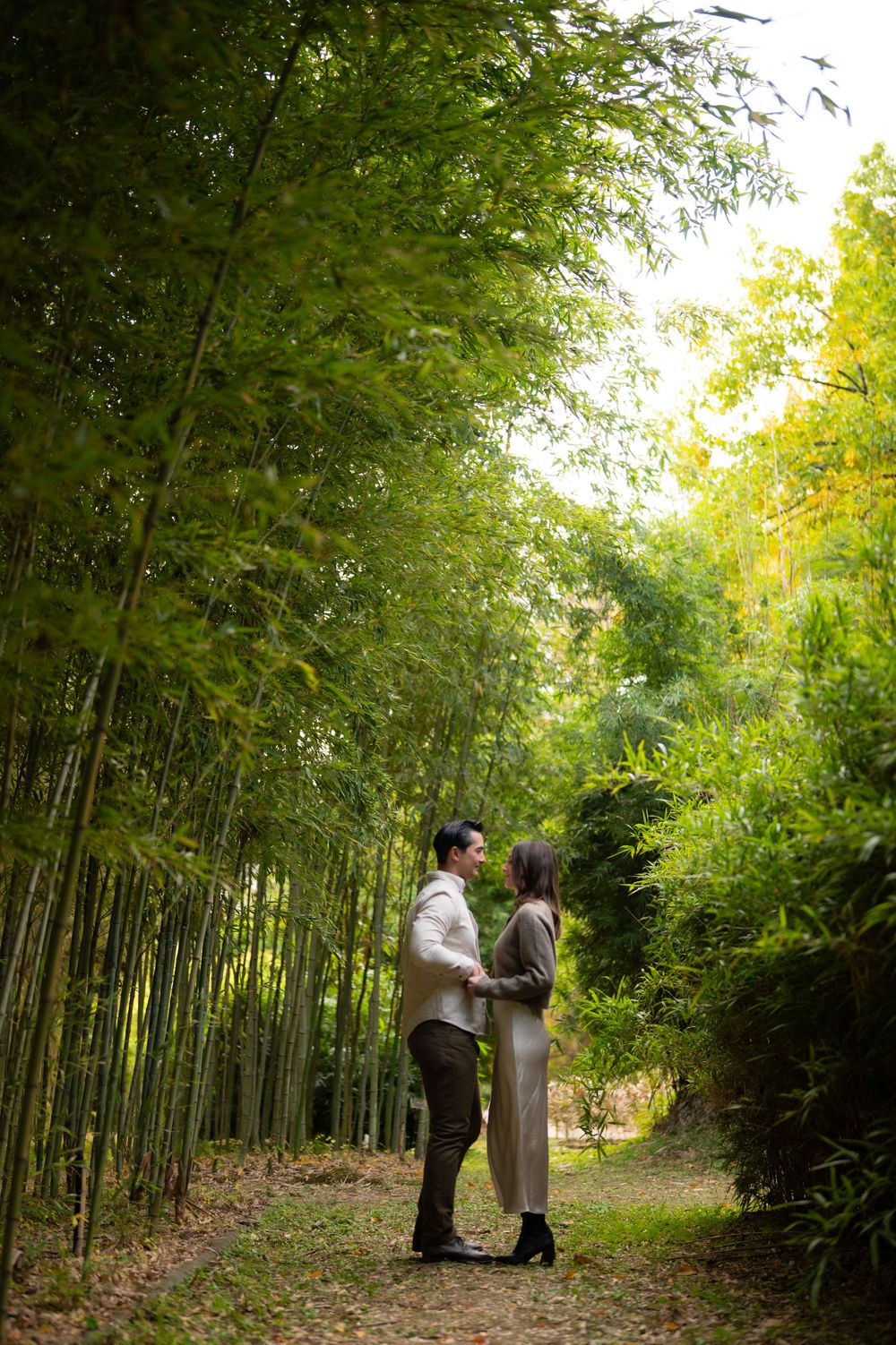 Couple standing face to face holding hands on a tranquil bamboo forest trail with tall green bamboo.