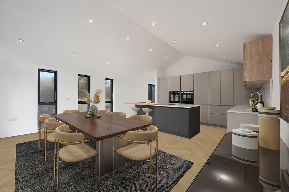 Modern open-concept living space with white cabinets, dark floors, and recessed lighting showcases minimalist interior design.