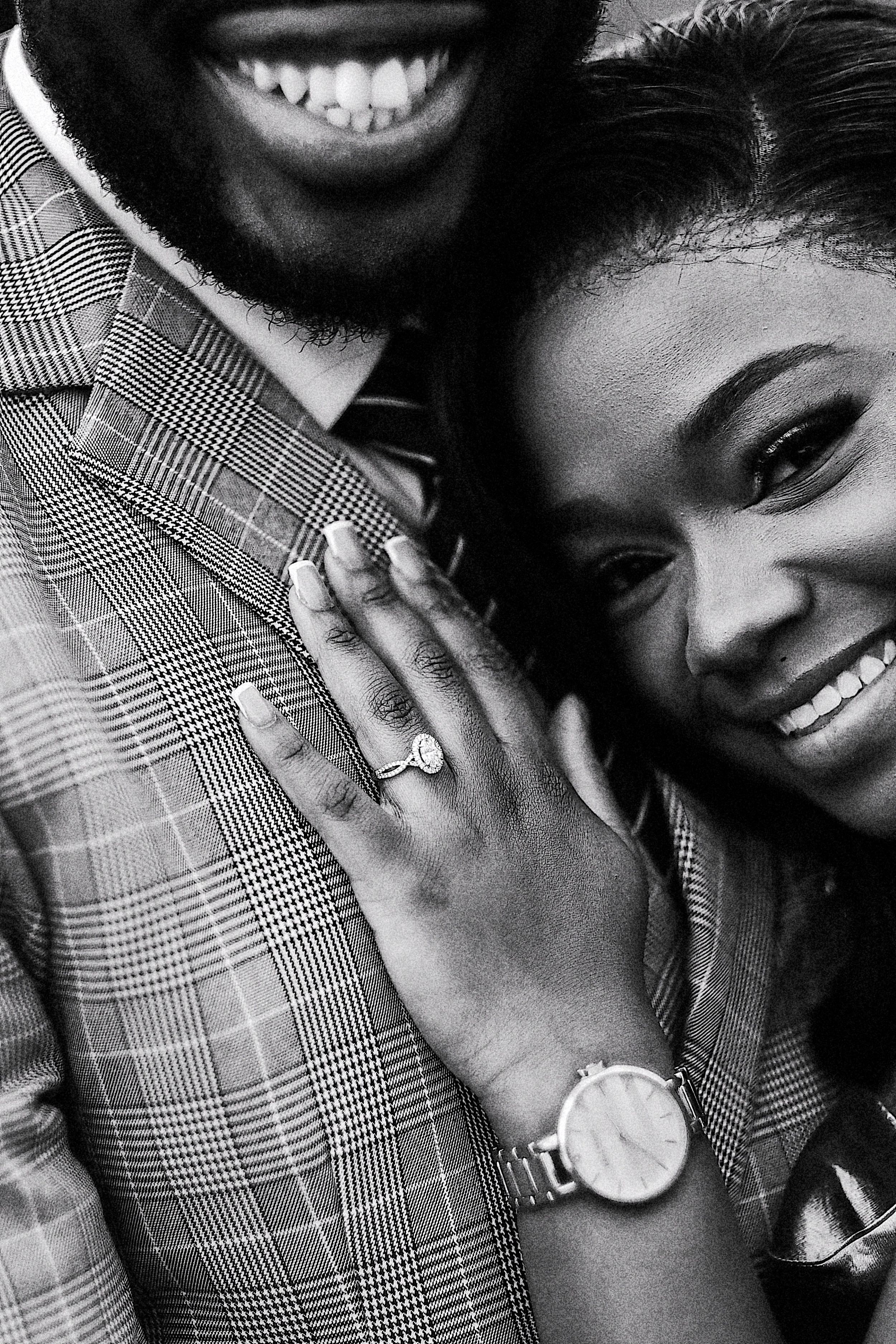 A series of black and white close-up photos showing joyful smiles and tender moments between a couple.
