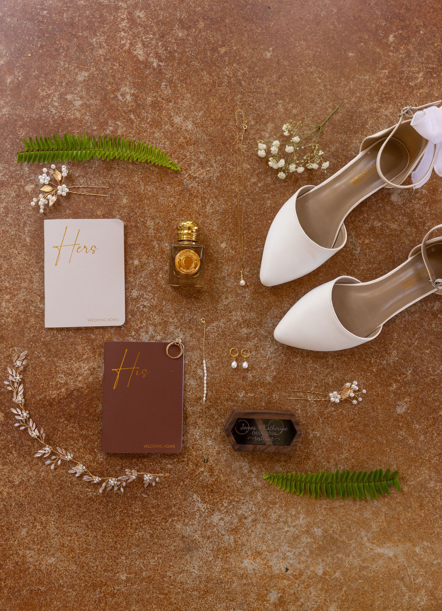 orlando luxury wedding photographer detail flatlay of florals, hair accessories, and bride's heels.