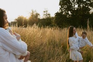 A collection of romantic photos showing people embracing in a sunlit meadow with golden grass at sunset.