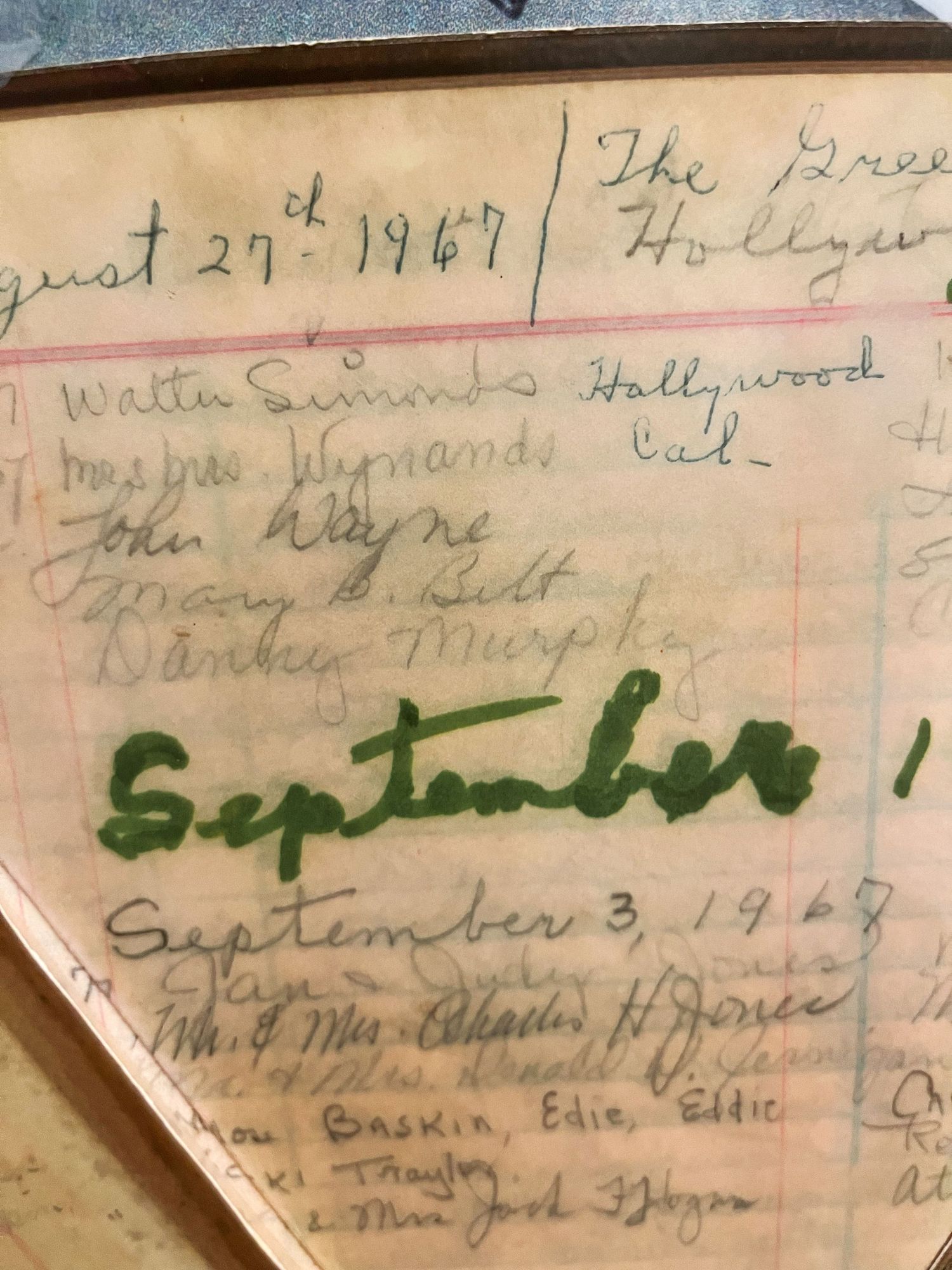 Vintage handwritten diary entry dated August 29, 1967 with 'September' written in green ink.
