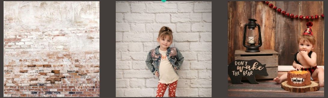 Three photography backdrops featuring brick wall, white wall, and rustic holiday scene.