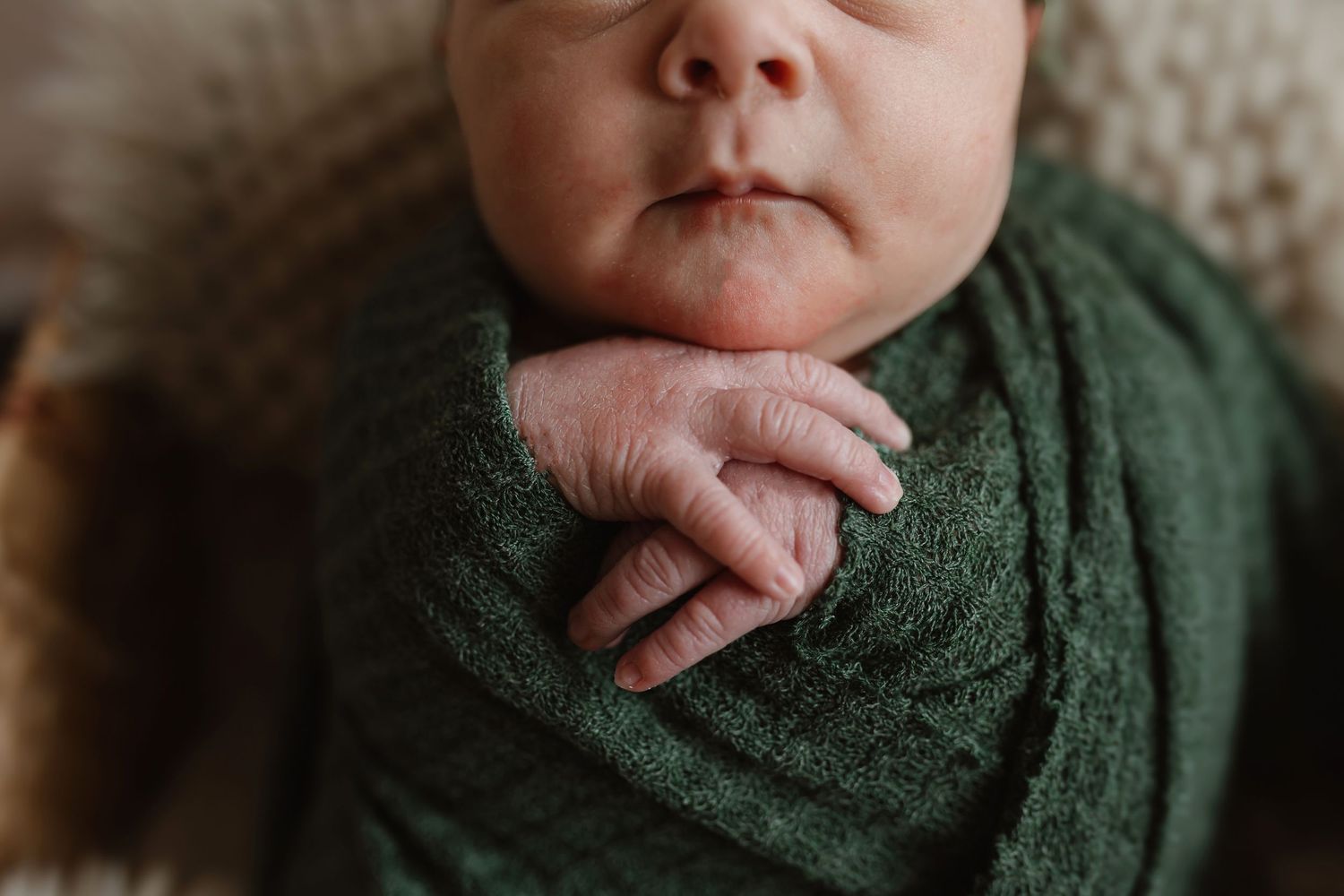 Close up image of a sleeping baby wrapped in a soft green blanket showing tiny hands. Colorado Springs Photographer.