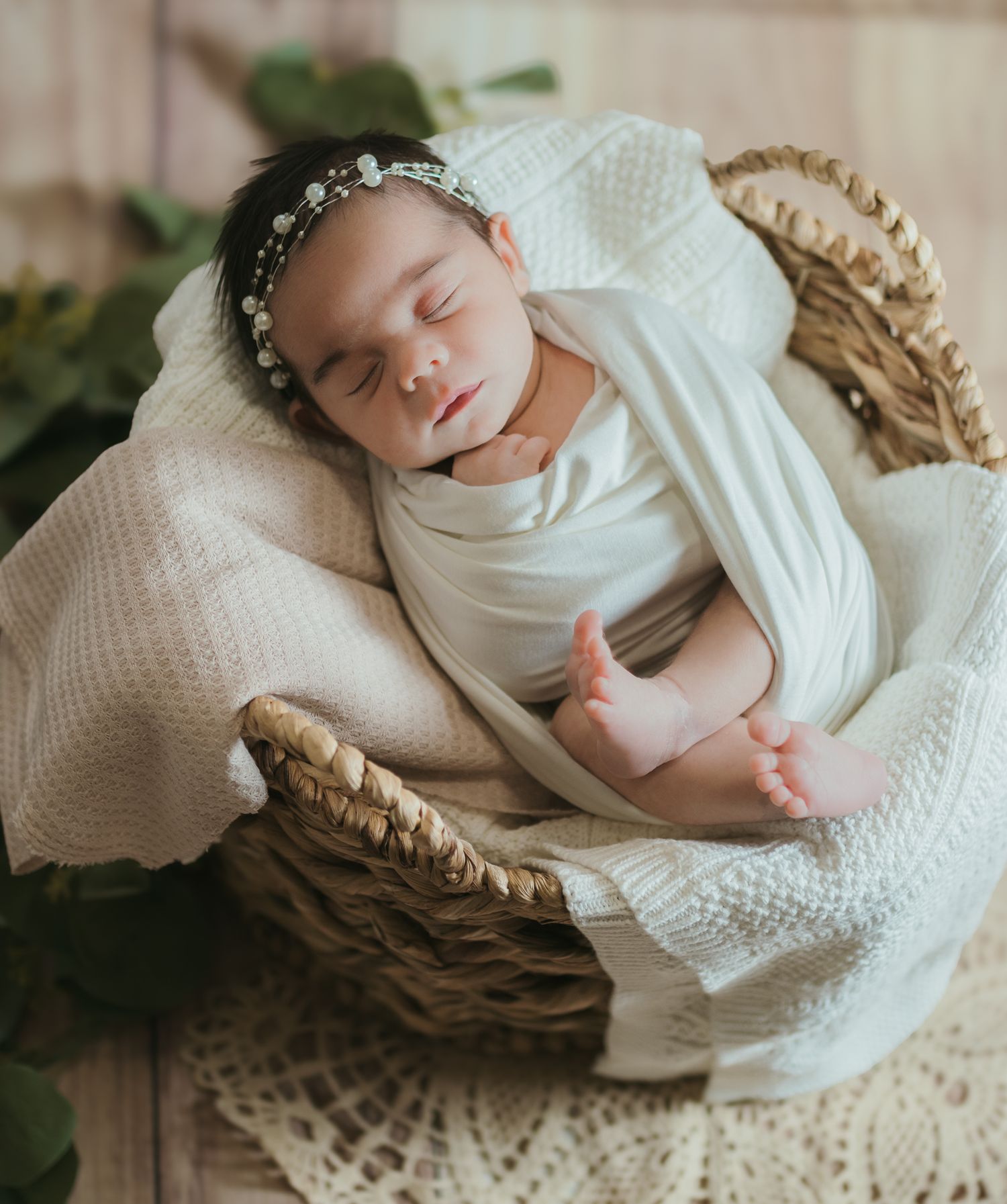 Newborn resting in rustic basket with white swaddle and leafy decor. Colorado Springs Photographer.