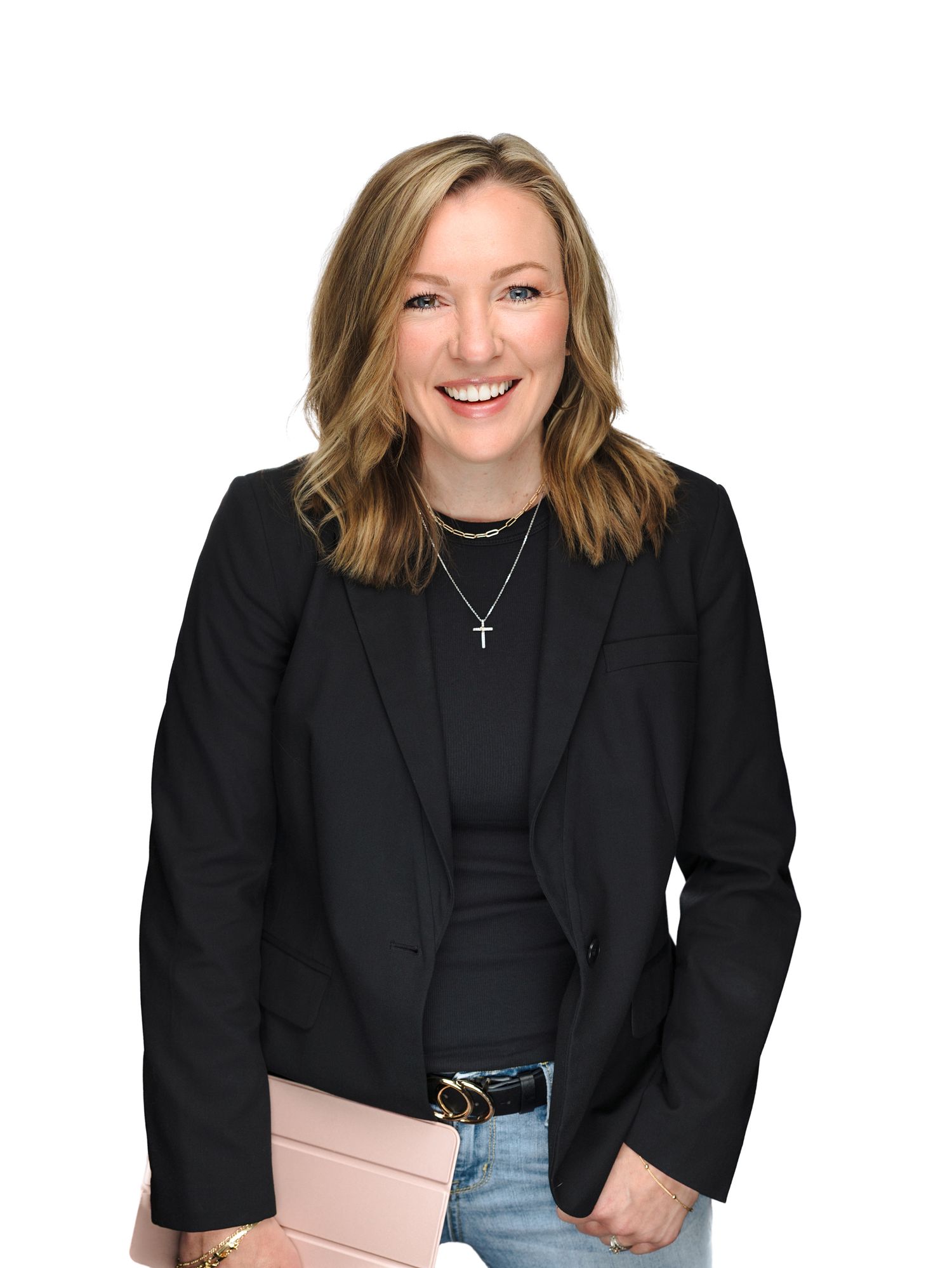 Professional headshots of someone in a black blazer and cross necklace against white background.